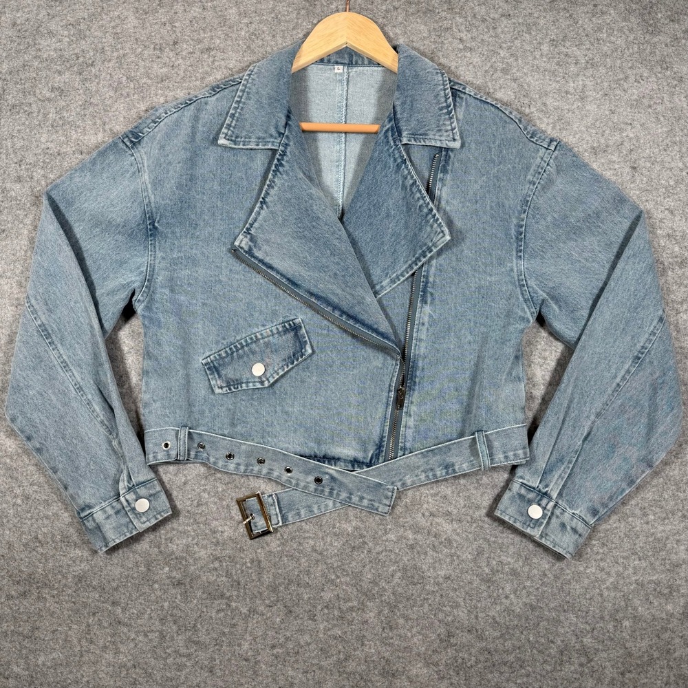 Denim Moto Jacket Women's Light Wash Size L NWOT Belted Cropped Biker